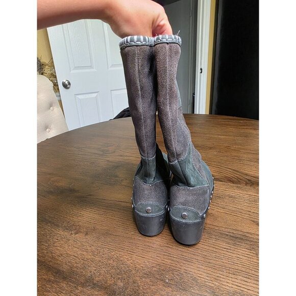 Womens Gray Leather & Suede Tall Boots With Studded Platform Heels - Picture 11 of 16